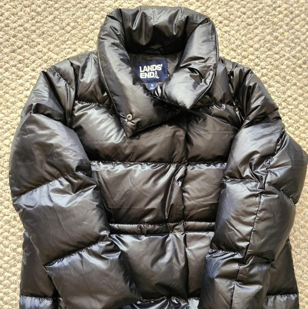 Lands' End Women's XL Black Puffer Down Button Front Jacket‎ Winter Cozy